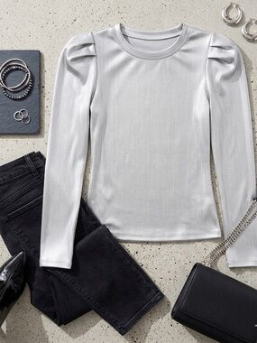 INC Silver Metallic Ribbed Foil Top Puff Shoulder Long Sleeve Futuristic CyberXS